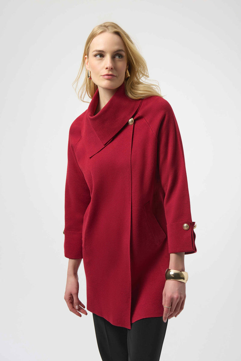 KNIT COAT W OVERLAP COLLAR DEEP CHERRY