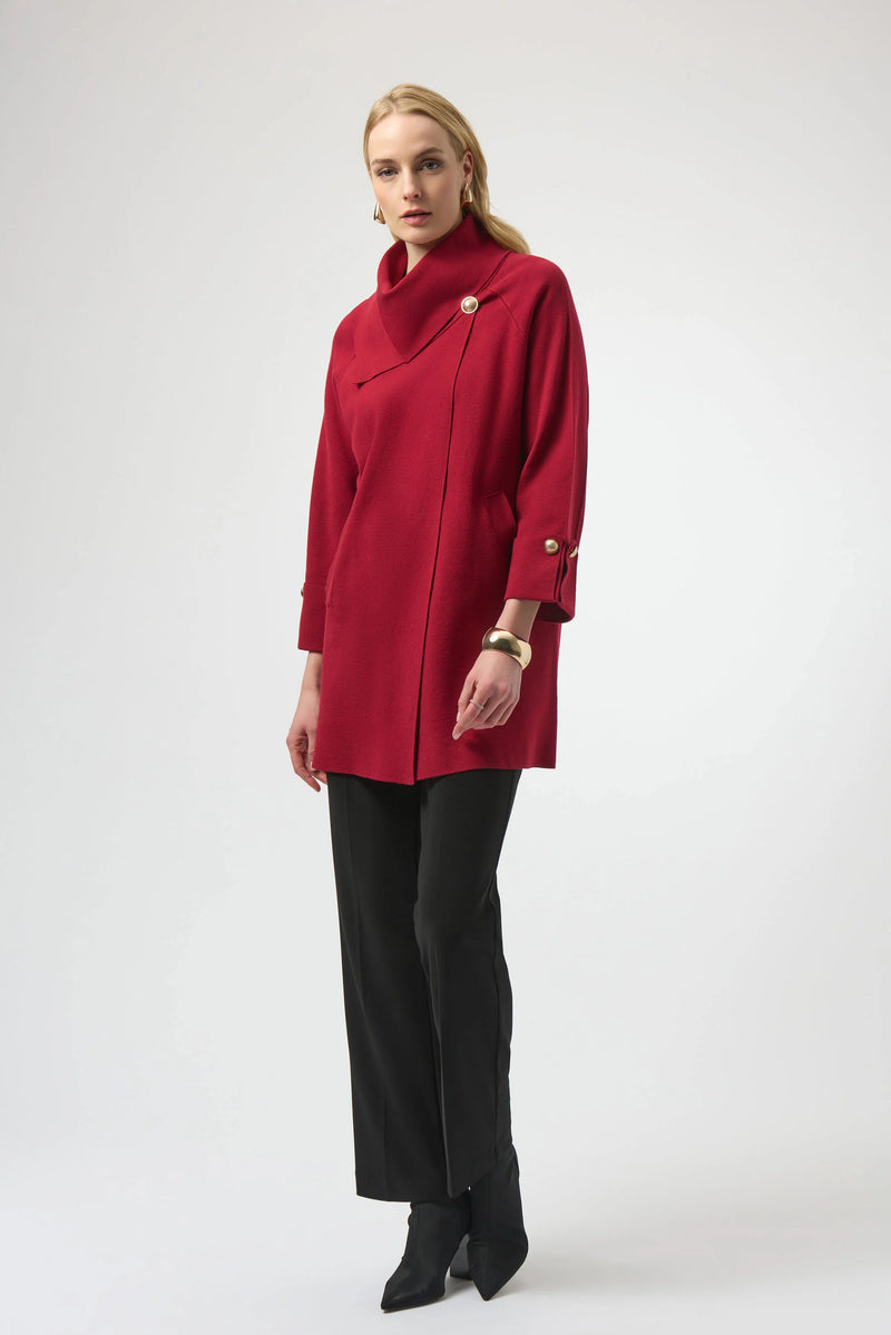 KNIT COAT W OVERLAP COLLAR DEEP CHERRY