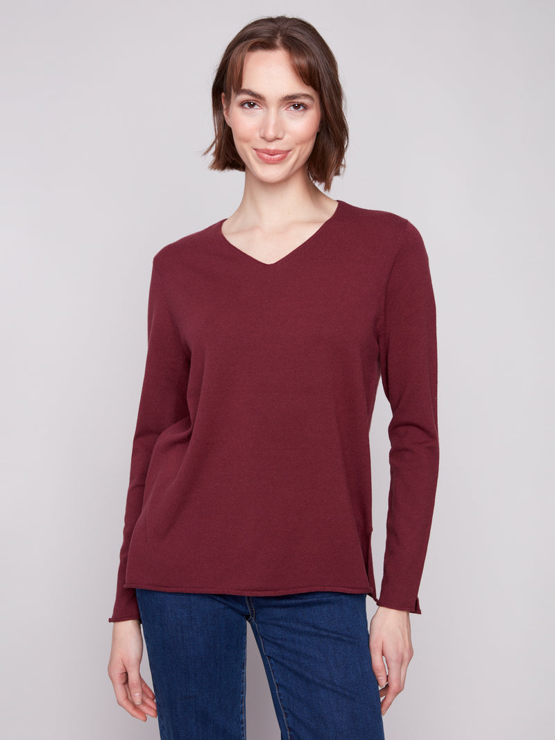 BASIC LONG SLEEVE V NECK SWEATER BURGUNDY