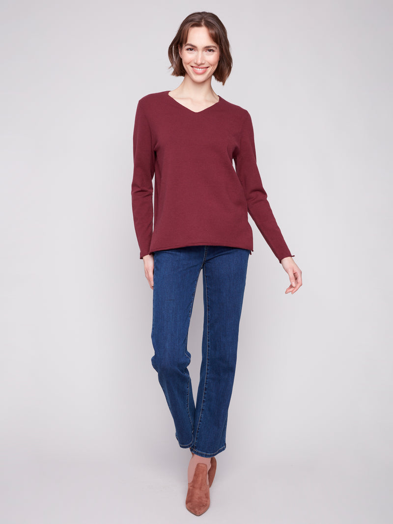 BASIC LONG SLEEVE V NECK SWEATER BURGUNDY