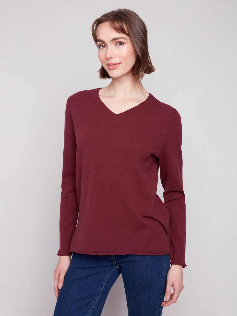 BASIC LONG SLEEVE V NECK SWEATER BURGUNDY