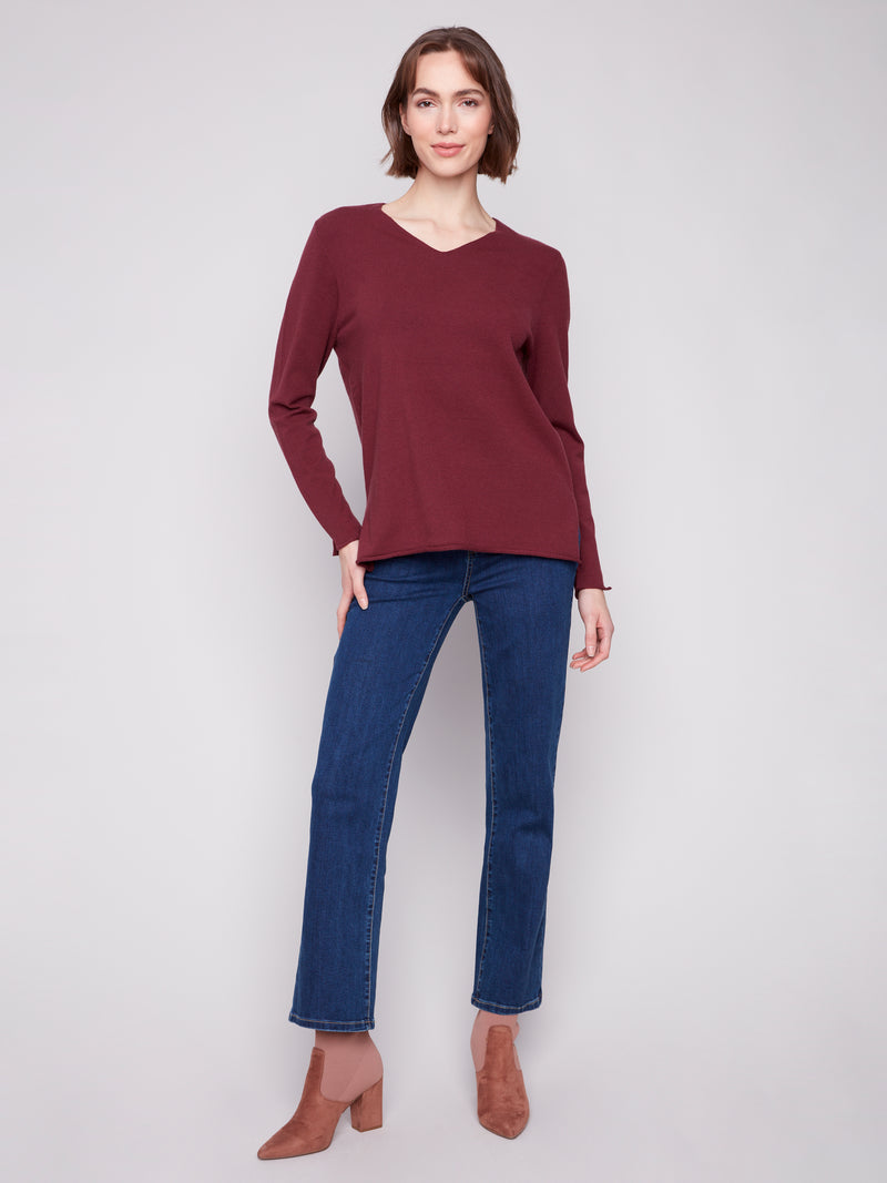 BASIC LONG SLEEVE V NECK SWEATER BURGUNDY