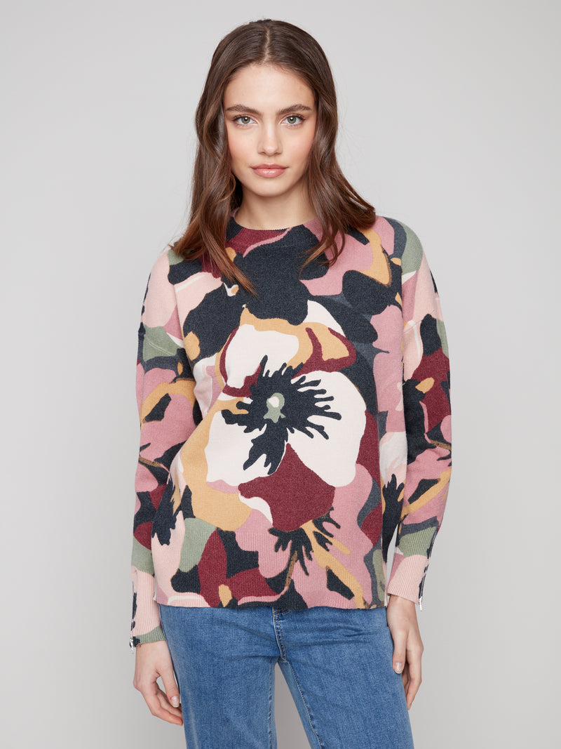 PRINT PLUSH MOCK NECK SWEATER