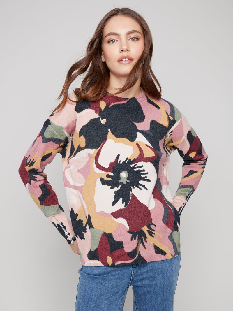 PRINT PLUSH MOCK NECK SWEATER