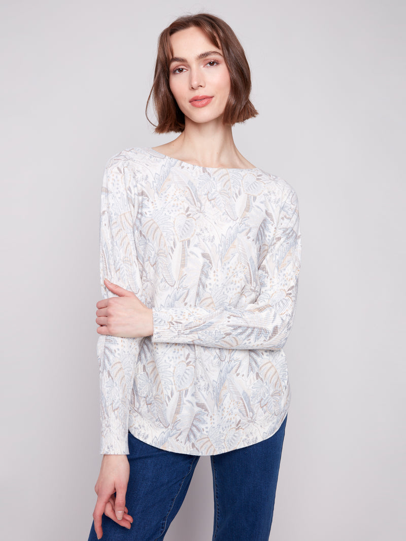 PRINTED LONG SLEEVE BOAT NECK TOP