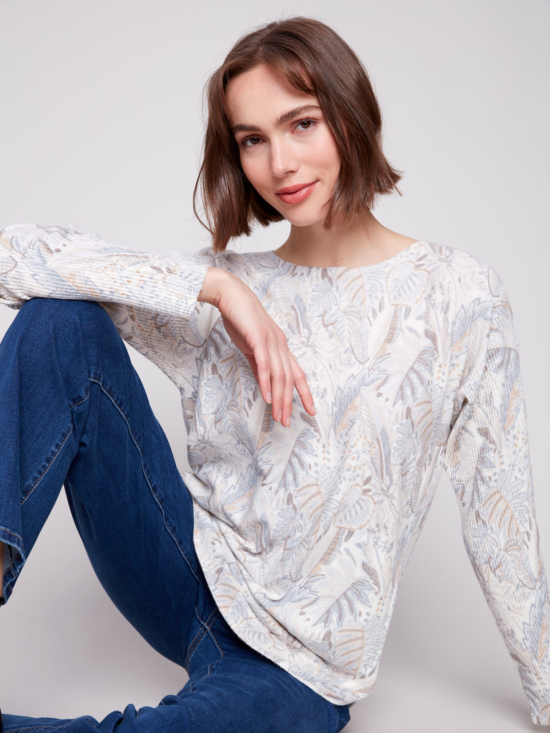PRINTED LONG SLEEVE BOAT NECK TOP