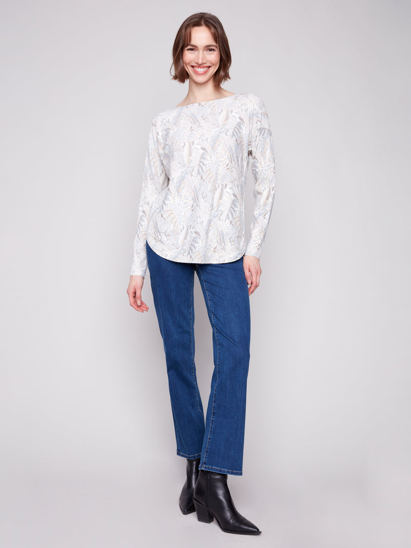 PRINTED LONG SLEEVE BOAT NECK TOP
