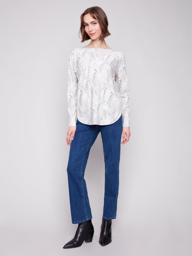 PRINTED LONG SLEEVE BOAT NECK TOP