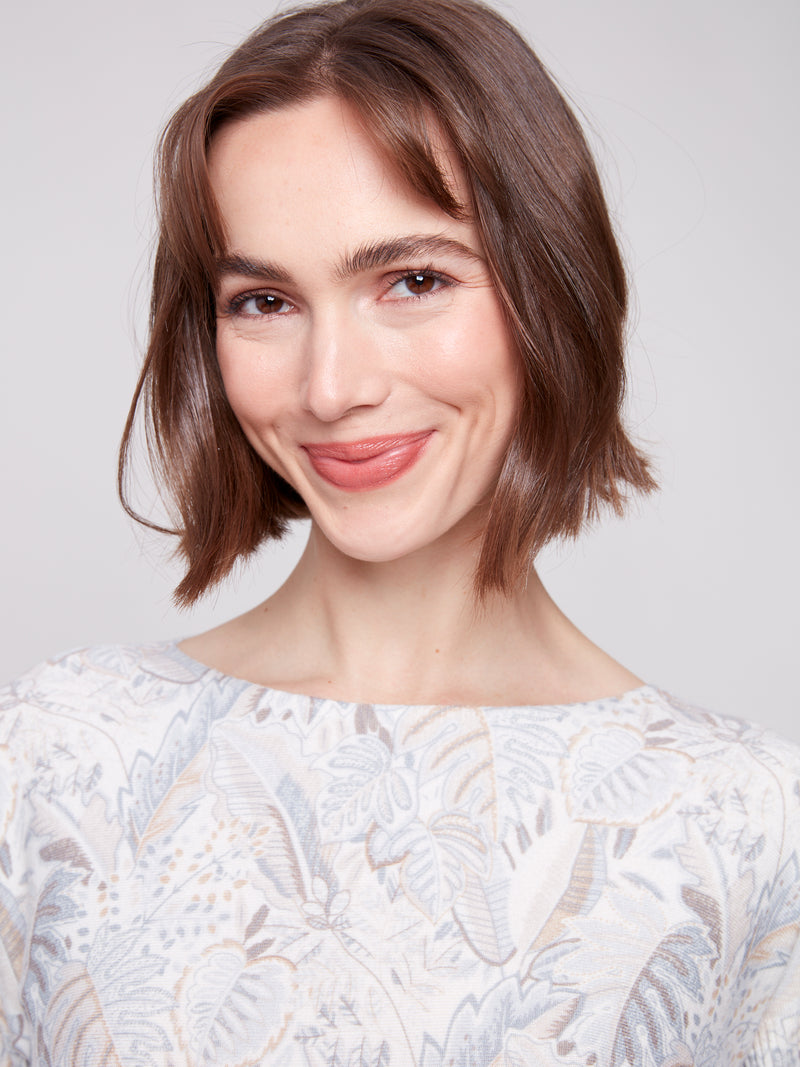 PRINTED LONG SLEEVE BOAT NECK TOP