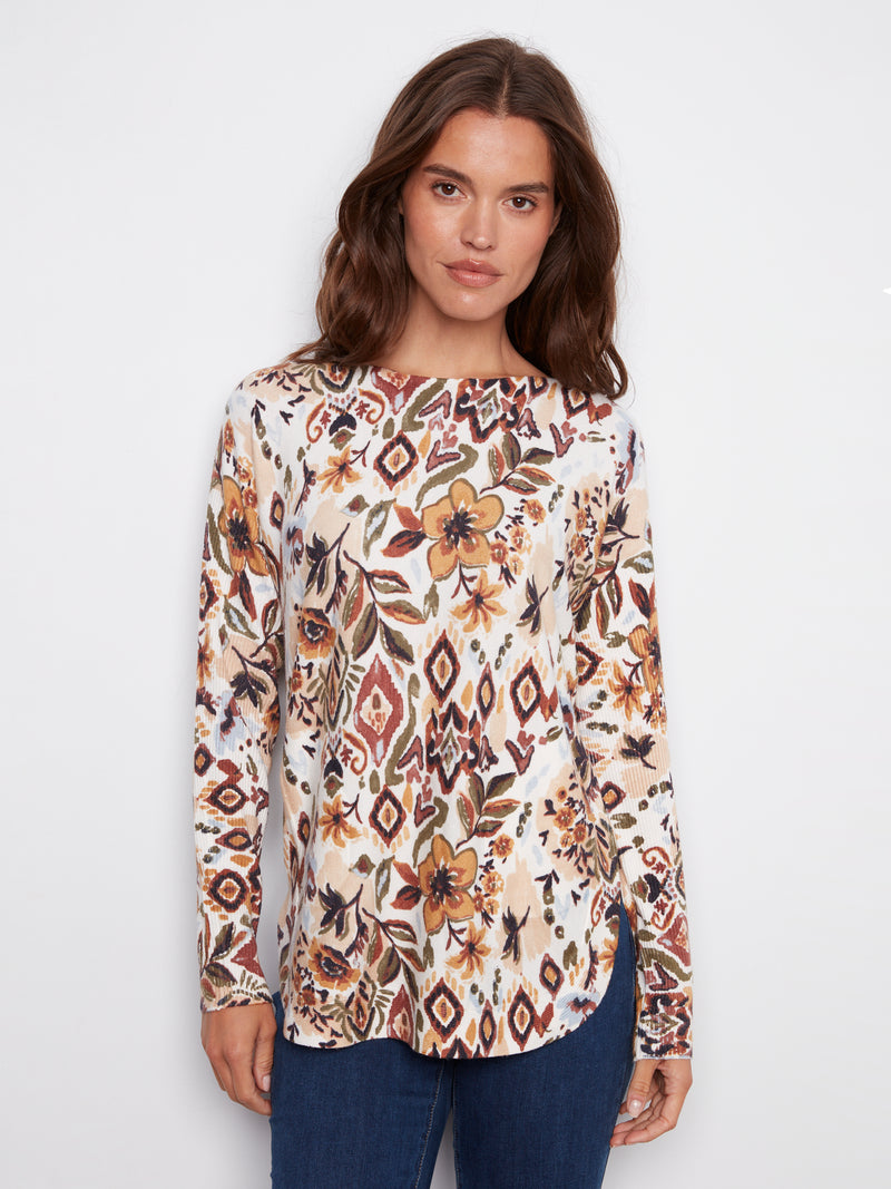PRINTED LONG SLEEVE BOAT NECK TOP JACOBEEN