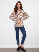 PRINTED LONG SLEEVE BOAT NECK TOP JACOBEEN