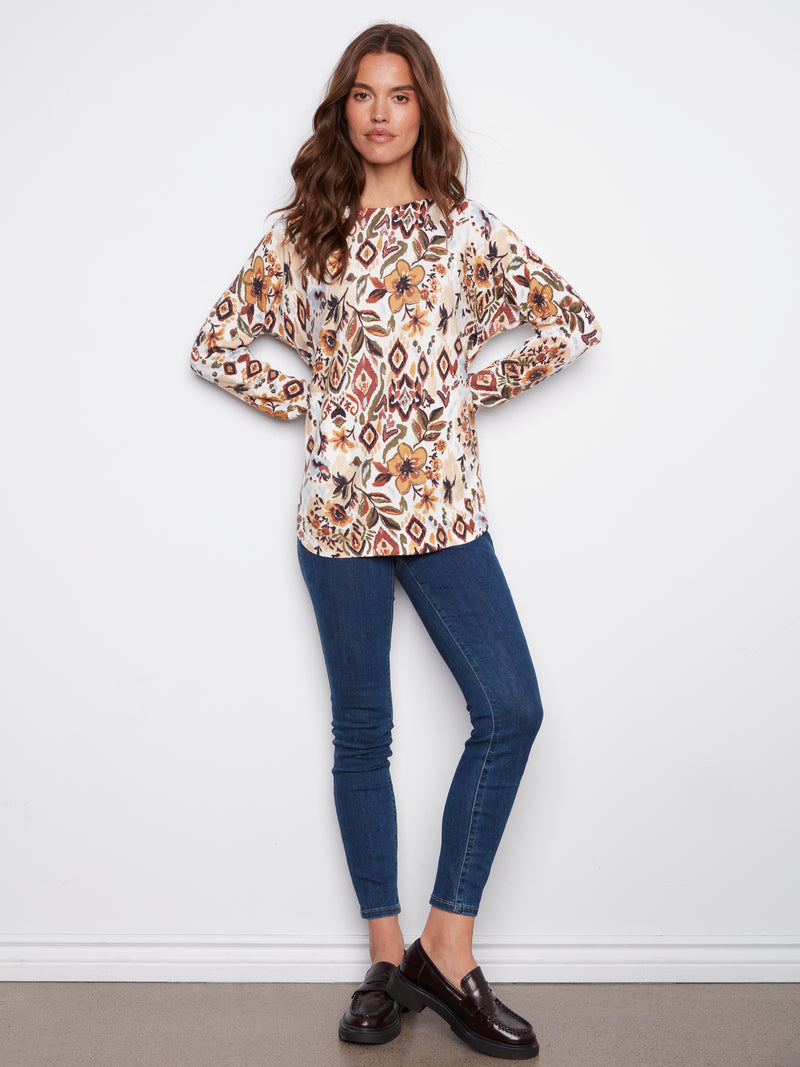 PRINTED LONG SLEEVE BOAT NECK TOP JACOBEEN