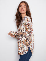 PRINTED LONG SLEEVE BOAT NECK TOP JACOBEEN
