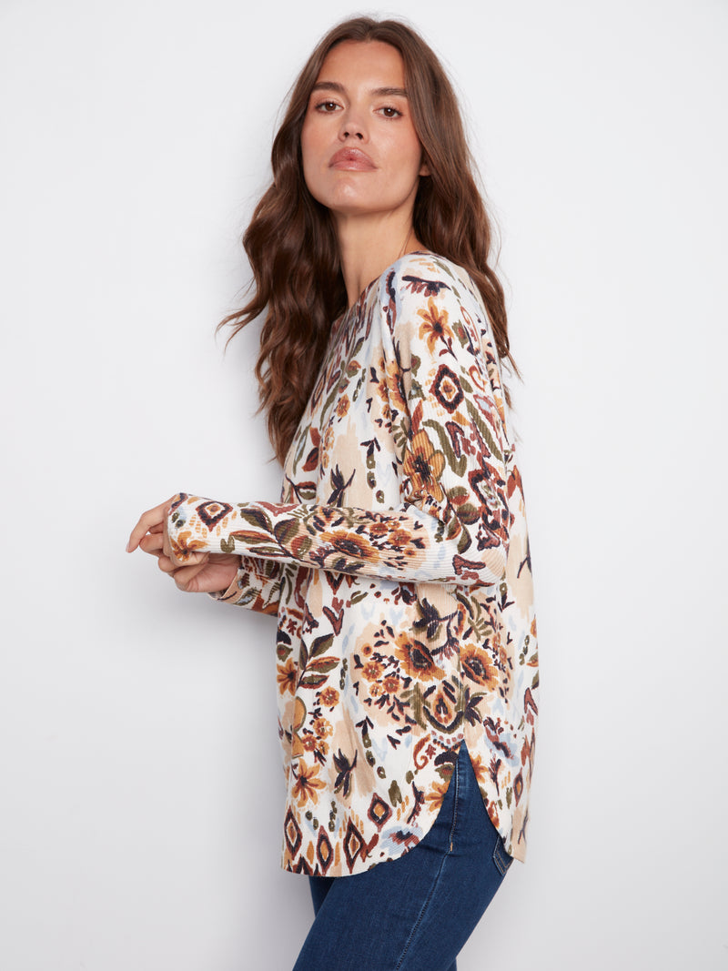 PRINTED LONG SLEEVE BOAT NECK TOP JACOBEEN