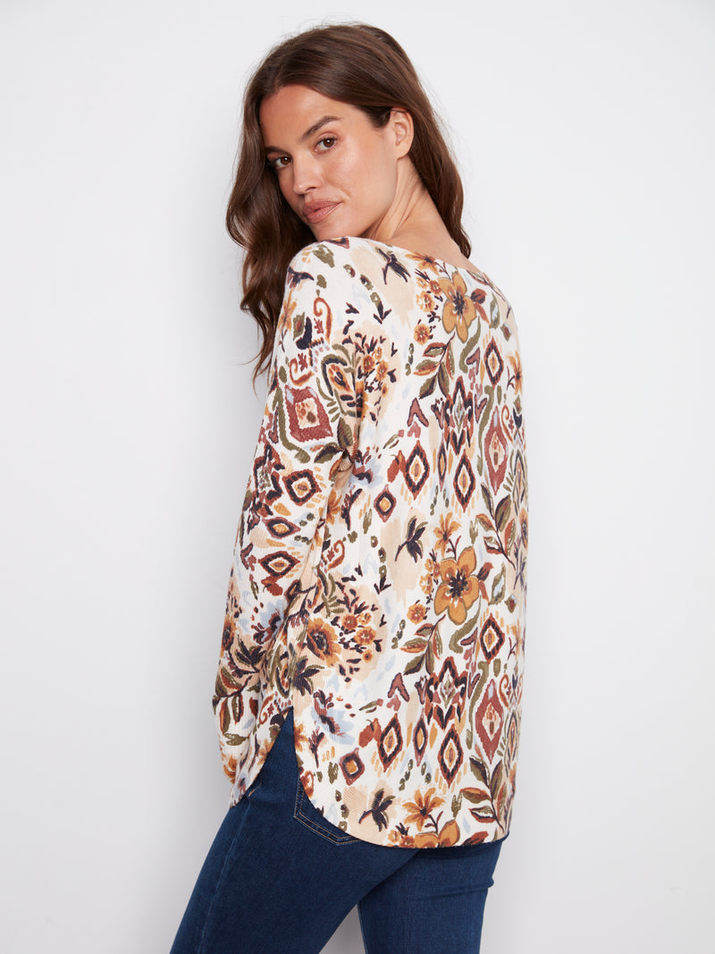 PRINTED LONG SLEEVE BOAT NECK TOP JACOBEEN