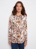 PRINTED LONG SLEEVE BOAT NECK TOP JACOBEEN
