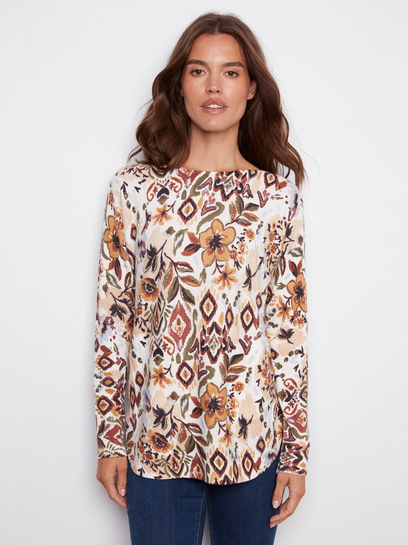 PRINTED LONG SLEEVE BOAT NECK TOP JACOBEEN