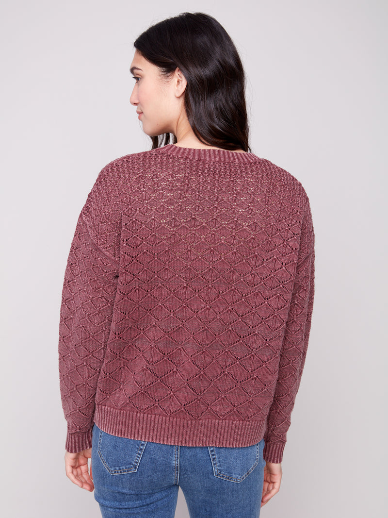 COTTON BLEND POINTELLE CREW NECK CABERNET