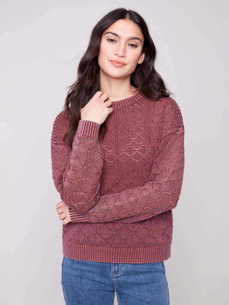COTTON BLEND POINTELLE CREW NECK CABERNET