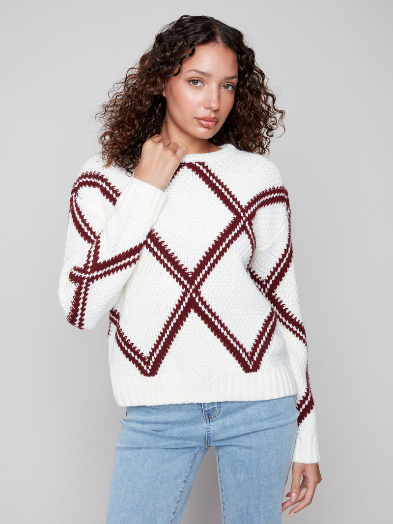 CREW NECK DIAMOND INTARSIA SWEATER