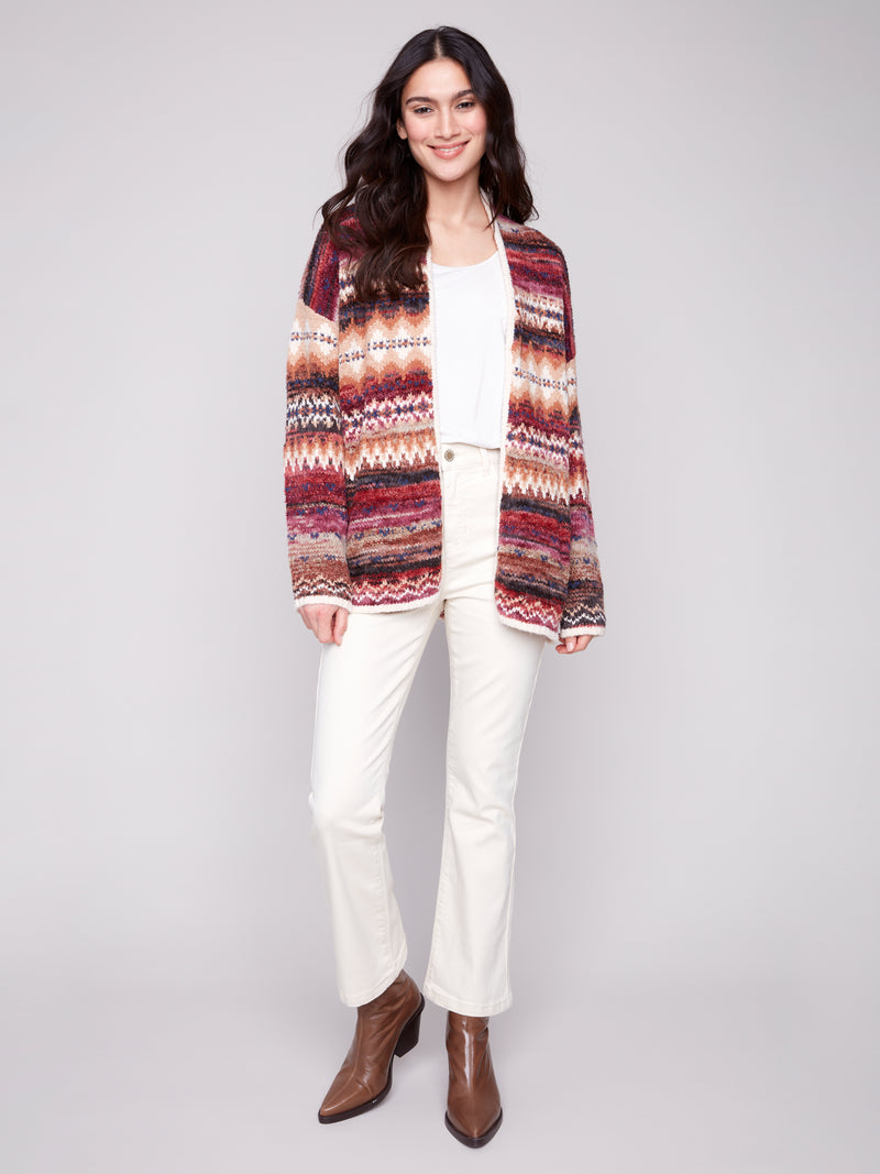 LONG JAQUARD CARDIGAN W PATCH POCKET JEWEL