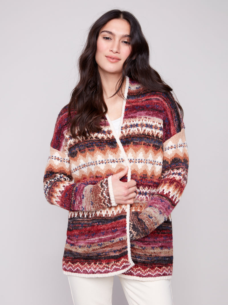 LONG JAQUARD CARDIGAN W PATCH POCKET JEWEL