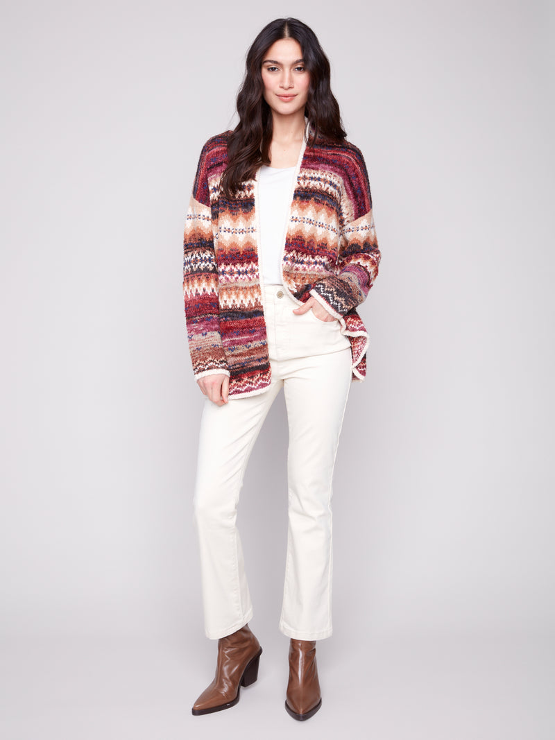 LONG JAQUARD CARDIGAN W PATCH POCKET JEWEL