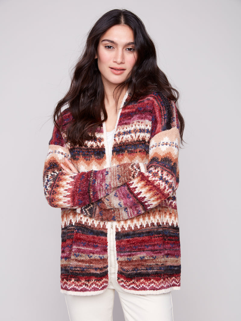 LONG JAQUARD CARDIGAN W PATCH POCKET JEWEL