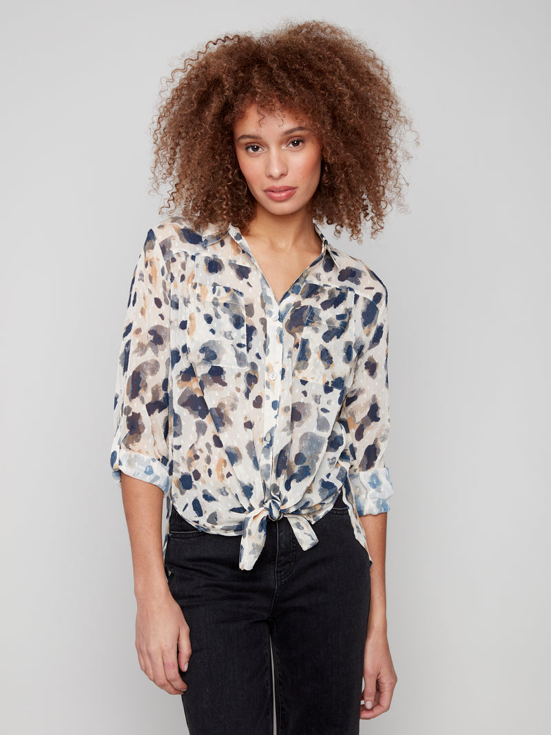BUTTON UP FRONT TIE BLOUSE ANIMAL