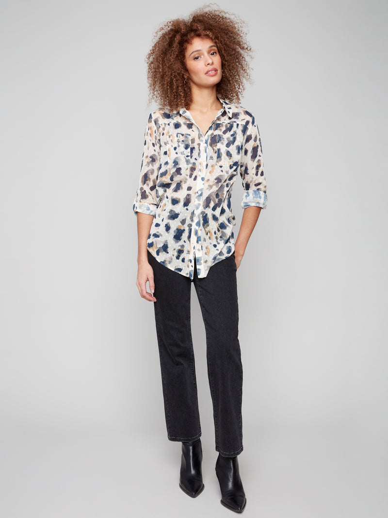 BUTTON UP FRONT TIE BLOUSE ANIMAL