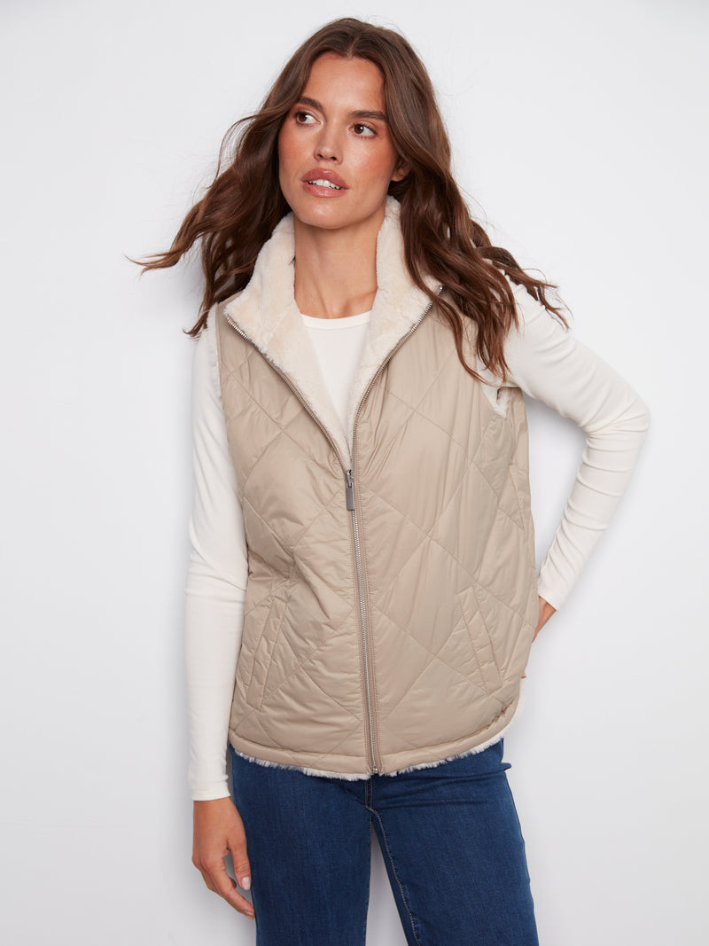REVERSIBLE NYLON FAUX FUR VEST