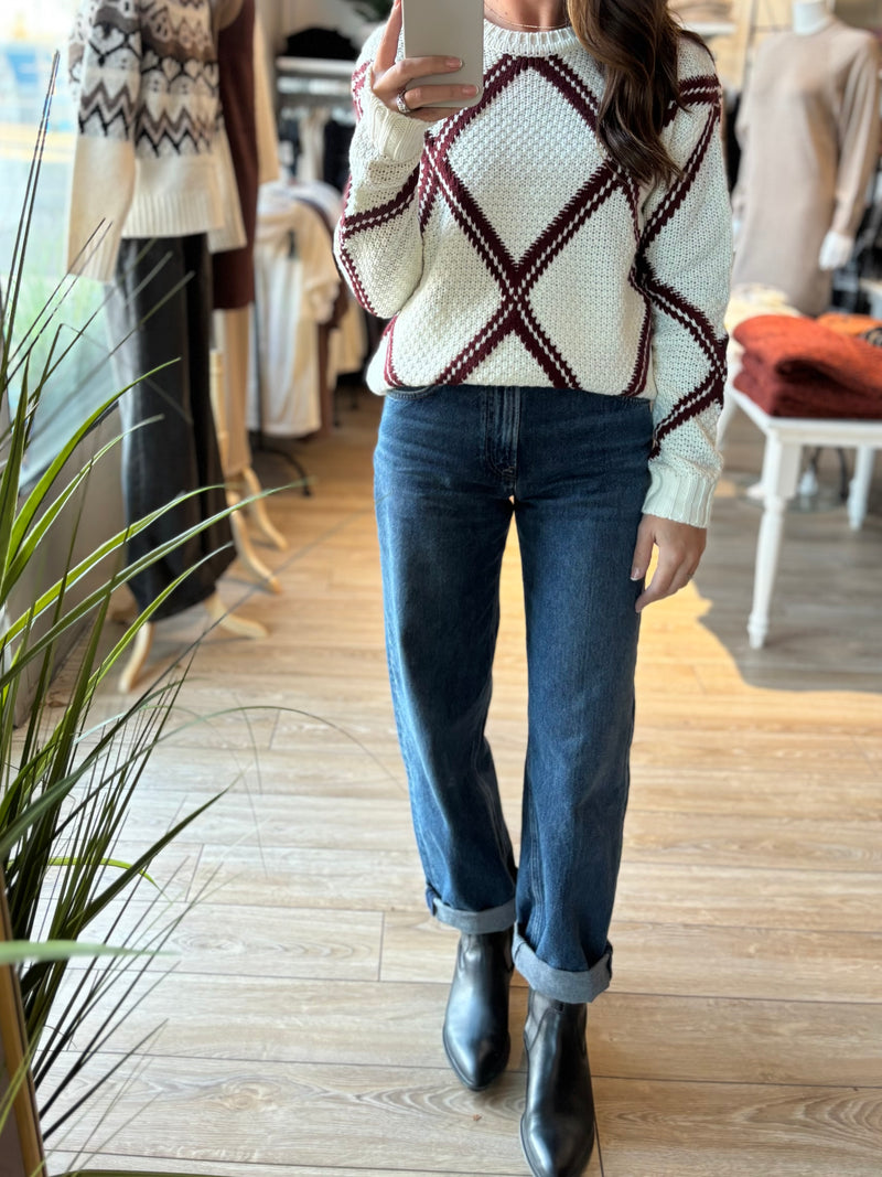 CREW NECK DIAMOND INTARSIA SWEATER