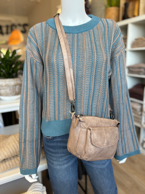 BLUE KNIT COMBO PULLOVER