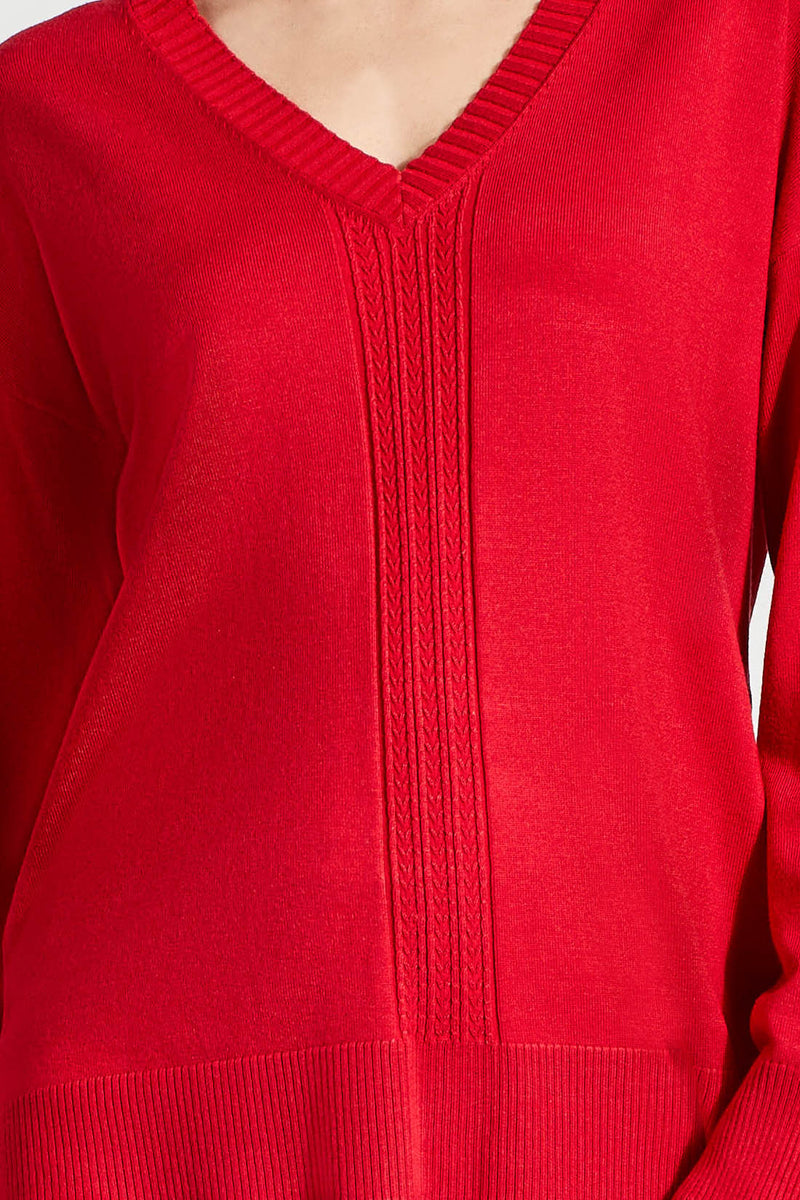 V NECK CABLE SWEATER SCARLET