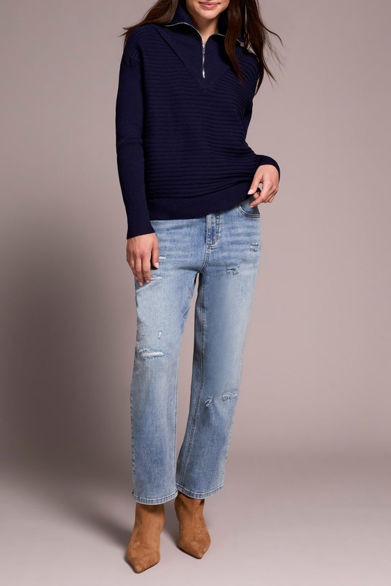 ZIP UP V NECK SWEATER