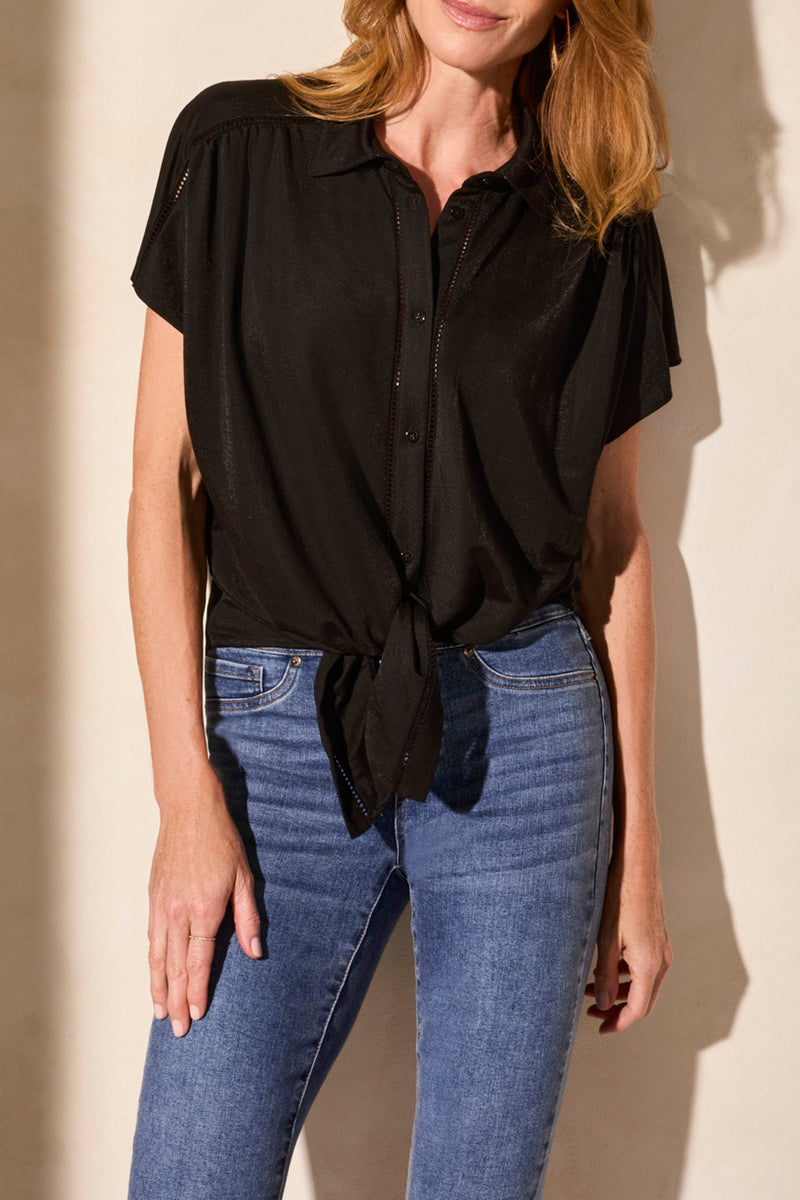 TIE FRONT BUTTON BLOUSE BLACK